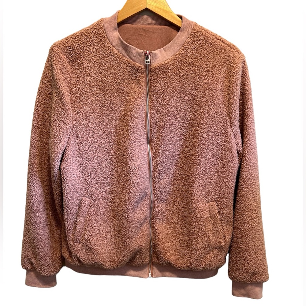 Women’s Pink/Mauve Medium Weight Fuzzy Bomber Jacket Size M